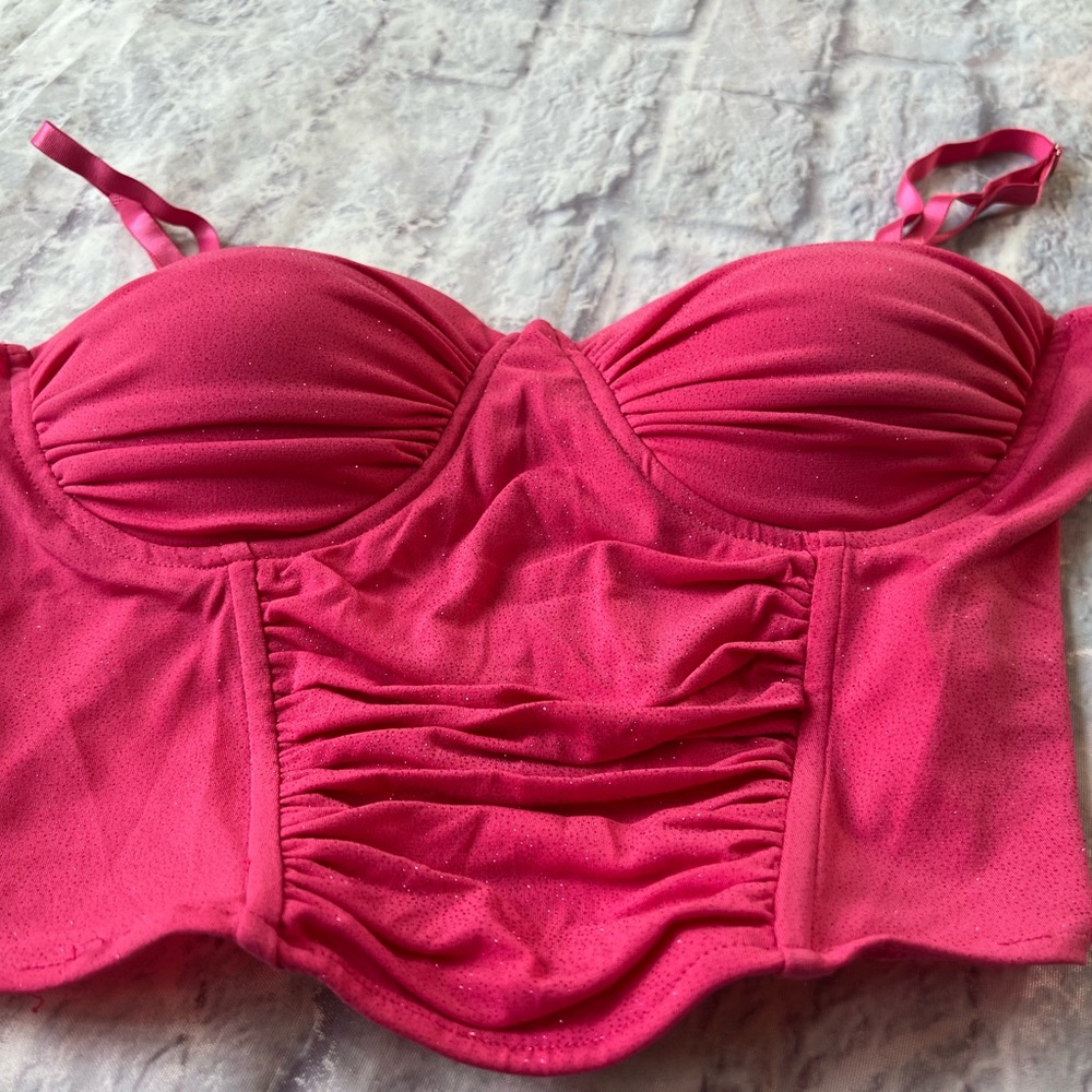 Large Glitter Pink Tank Top Sexy Juniors Padded Corset Fuchsia Womens Club wear